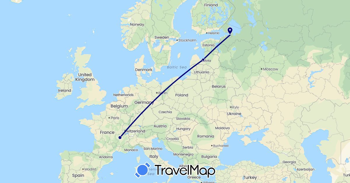 TravelMap itinerary: driving in France, Latvia, Russia (Europe)